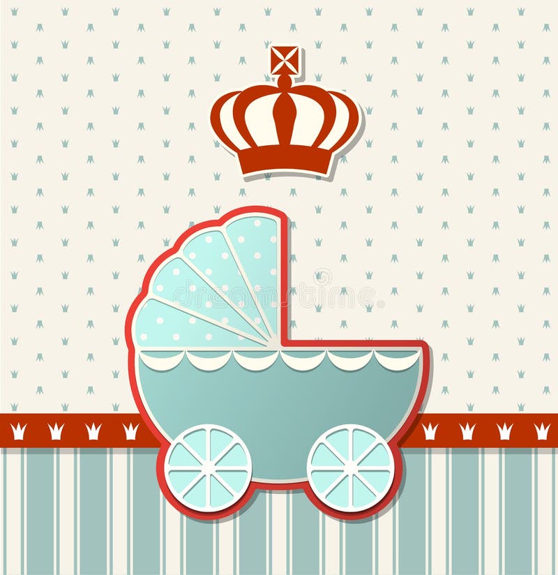 Fiesta de bienvenida al bebé con la corona real y el cochecito azul del vintage, ejemplo libre illustration Fiesta de bienvenida al bebé con la corona real y el cochecito azul del vintage, ejemplo libre illustration