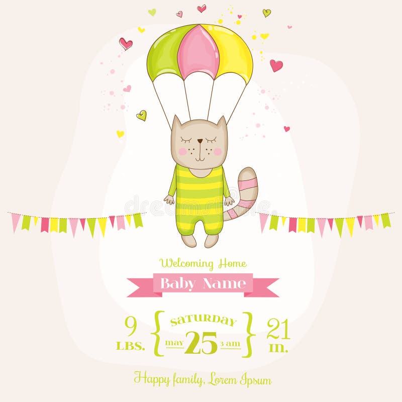 Fiesta de bienvenida al bebé o tarjeta de llegada - bebé Cat Flying con un paracaídas ilustración del vector Fiesta de bienvenida al bebé o tarjeta de llegada - bebé Cat Flying con un paracaídas ilustración del vector