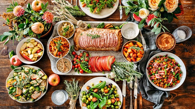 Fiesta de otoño vibrante : platos frescos de temporada y verduras de cosecha en una mesa rústica de madera. configuración de la ta libre illustration