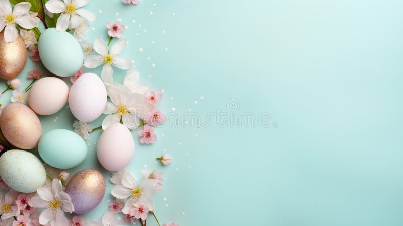 Fiesta. huevos de pascua y flores en el fondo. lugar de ai generativo de texto. lugar para el texto. 3. º ai. ai generada.