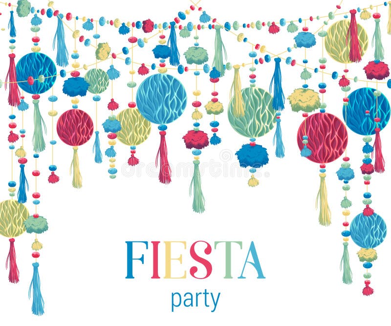 Fiesta party. Festive background with paper honeycomb, pompons, tassels, beads, garland. Design template for invitation, greeting card, banner, print. Colorful decorations. Vector illustration. Fiesta party. Festive background with paper honeycomb, pompons, tassels, beads, garland. Design template for invitation, greeting card, banner, print. Colorful decorations. Vector illustration