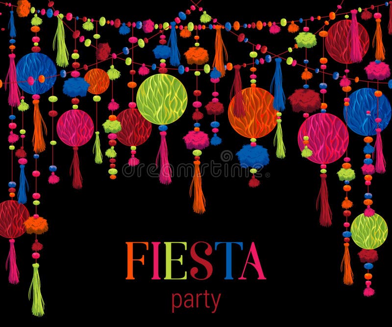 Fiesta party. Festive background with paper honeycomb, pompons, tassels, beads, garland. Design template for invitation, greeting card, banner, print. Colorful decorations. Vector illustration. Fiesta party. Festive background with paper honeycomb, pompons, tassels, beads, garland. Design template for invitation, greeting card, banner, print. Colorful decorations. Vector illustration