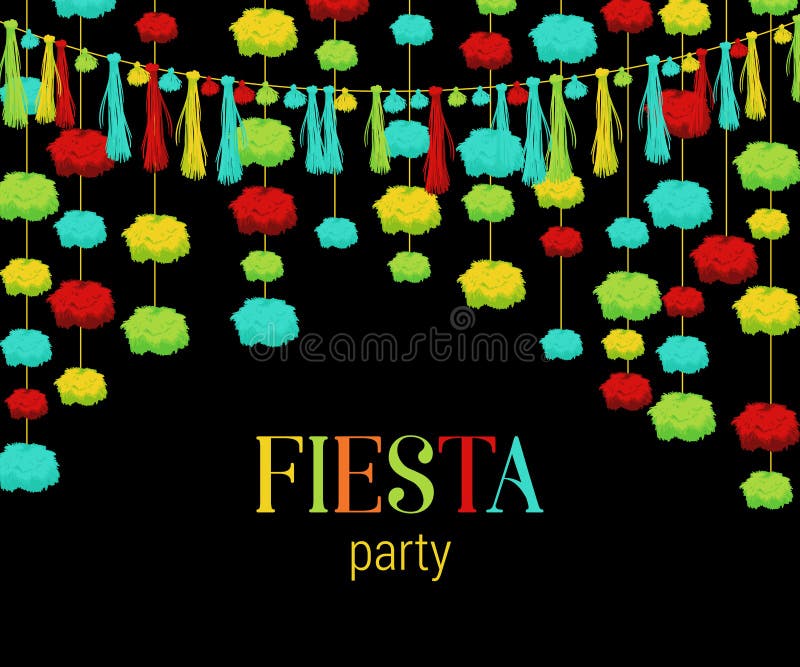 Fiesta party. Festive background with paper pompons and tassels garland. Design template for invitation, greeting card, banner, print. Colorful decorations. Vector illustration. Fiesta party. Festive background with paper pompons and tassels garland. Design template for invitation, greeting card, banner, print. Colorful decorations. Vector illustration