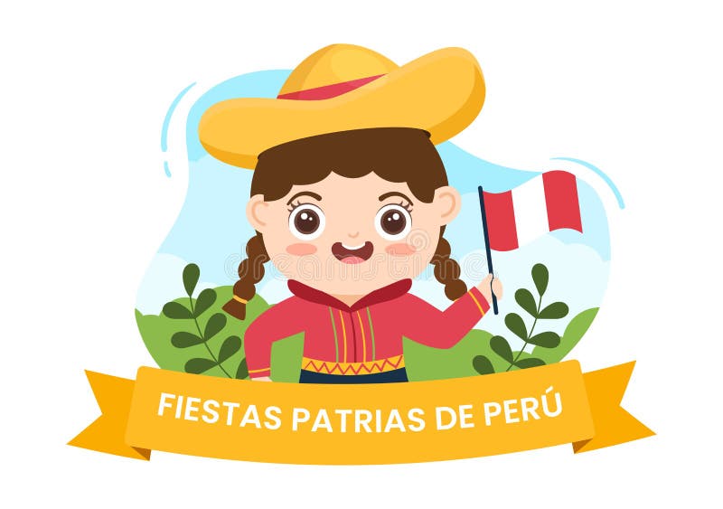  Fiestas Patrias O Día De La Independencia Peruana Ilustración De Dibujos Animados Con Bandera Y Gente Linda Para Perú De Vacacione Ilustración del Vector