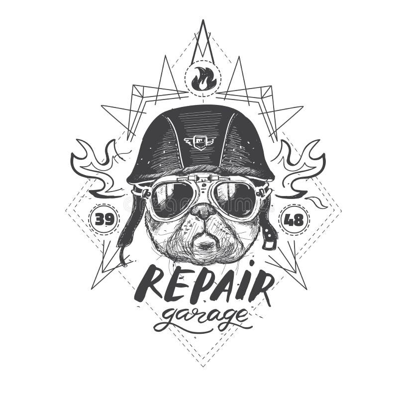 Fietserpug hond Reeks uitstekende motorfietsemblemen, etiketten, kentekens, royalty-vrije illustratie Fietserpug hond Reeks uitstekende motorfietsemblemen, etiketten, kentekens, royalty-vrije illustratie