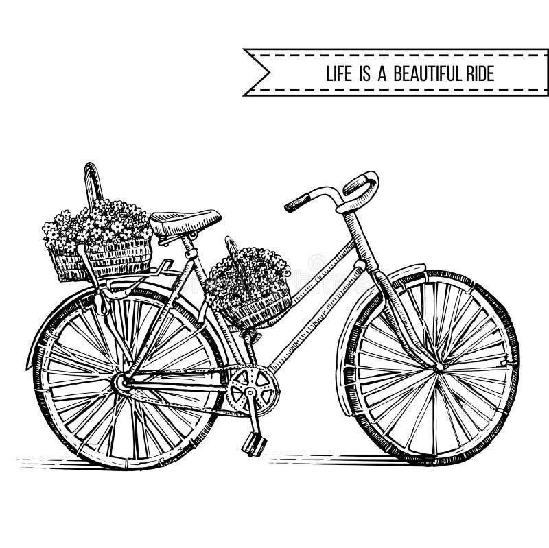 Fietshand getrokken vectorschets, de oude fiets van de inktillustratie met bloemenmand op witte achtergrond, wijnoogst vector illustratie Fietshand getrokken vectorschets, de oude fiets van de inktillustratie met bloemenmand op witte achtergrond, wijnoogst vector illustratie