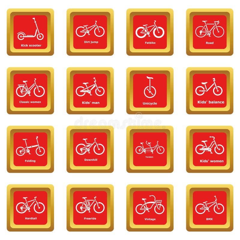 Download Fietstypes Pictogrammen Geplaatst Rode Vierkante Vector Vector Illustratie - Illustratie bestaande uit folding, berg: 114226483