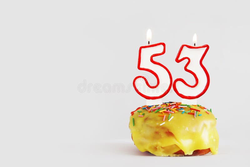 Fifty Three Years Birthday. Cupcake With White Burning Candle In The ...