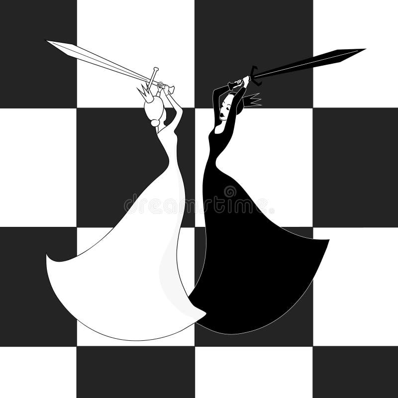 Fight of chess Queens. The white Queen is lost. A chess match. vector black and white illustration.