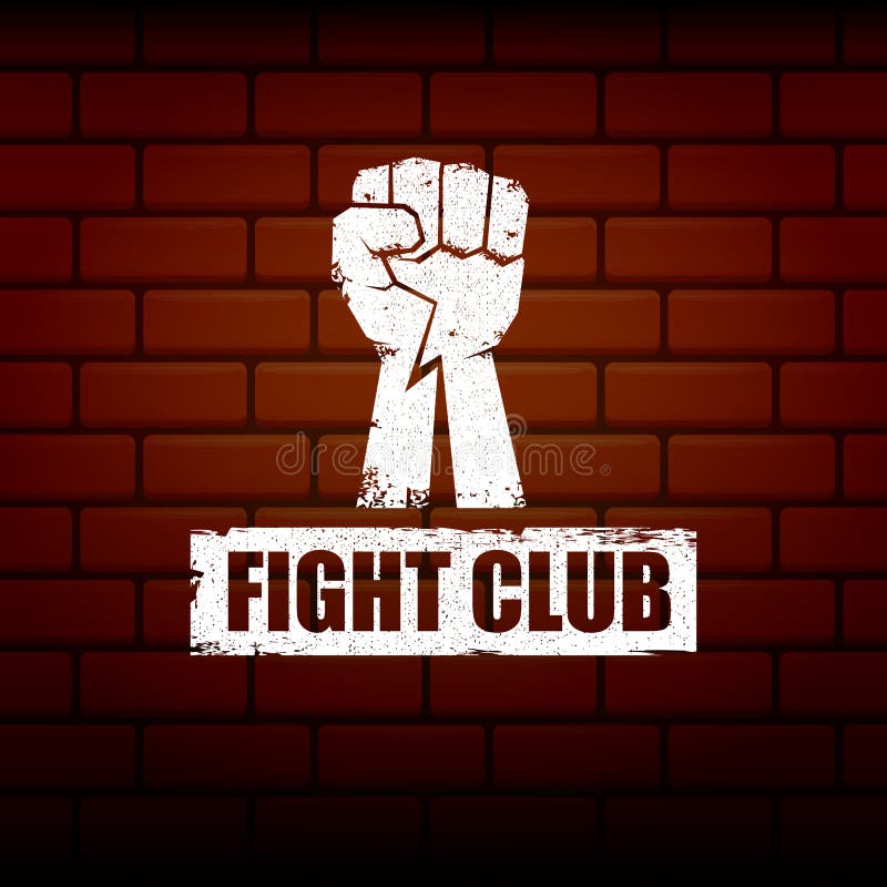 Fight club vector logo or label with grunge black man fist isolated on brick wall background. MMA Mixed martial arts.