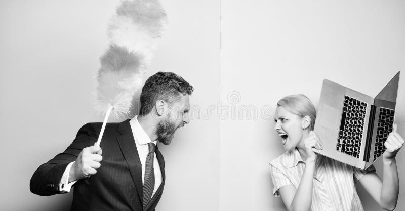 A fight between members of household. Couple of bearded man and sexy woman. Businessman and housewife. Family couple