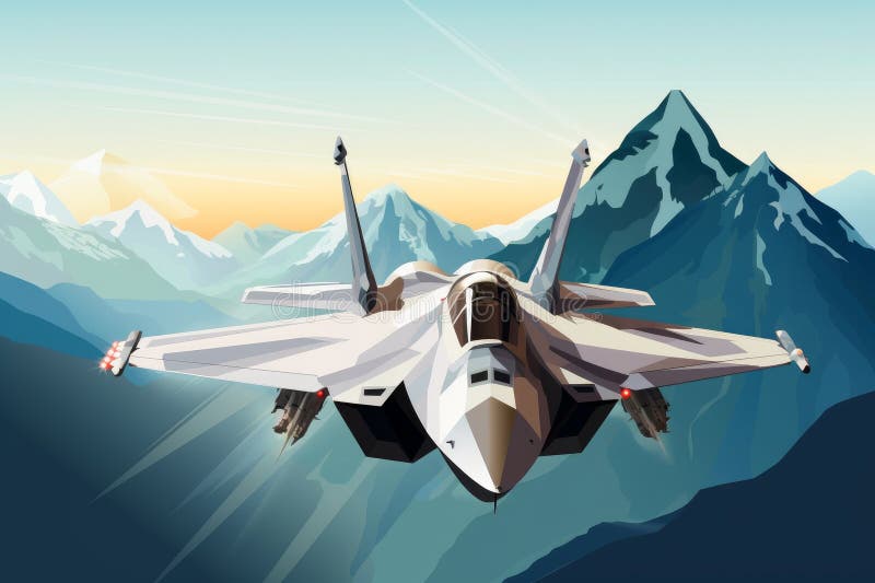 A fighter jet flying over a mountain range vector illustration