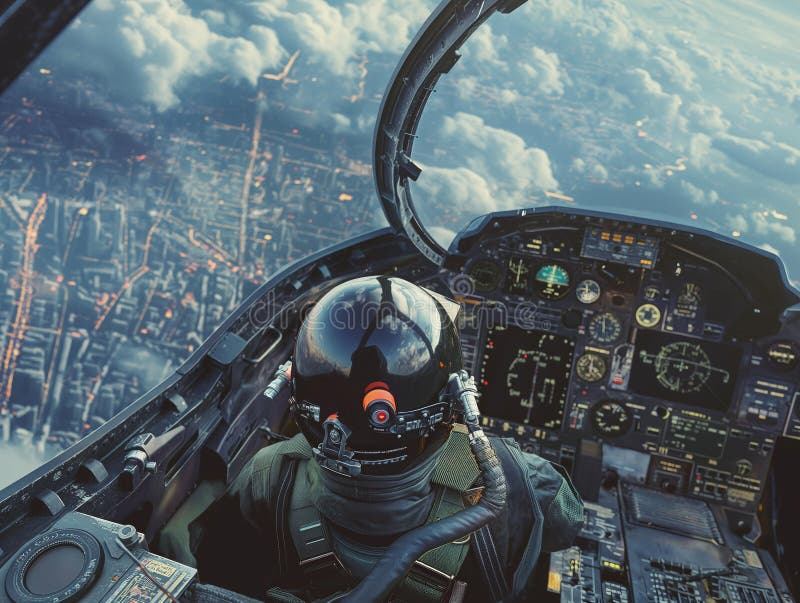 Fighter Jet Pilot Over Cityscape stock photography