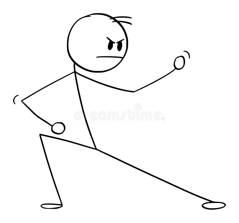Cartoon stick man drawing illustration of karate or kung fu high kick fight  or training.
