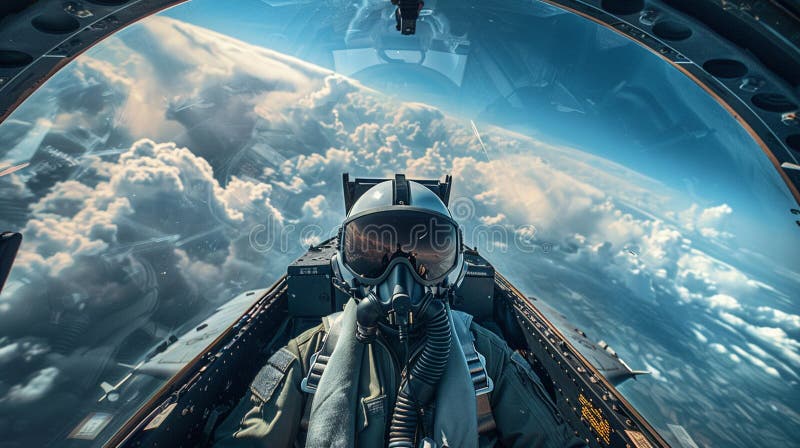 Fighter pilot seen from inside the cockpit stock photography