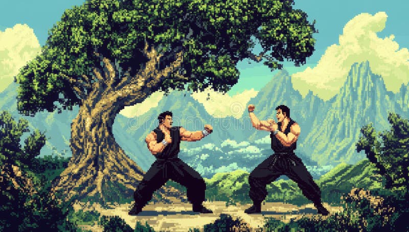 Fighting game. Retro computer games level. Pixel art video game scene. 1980. stock photography