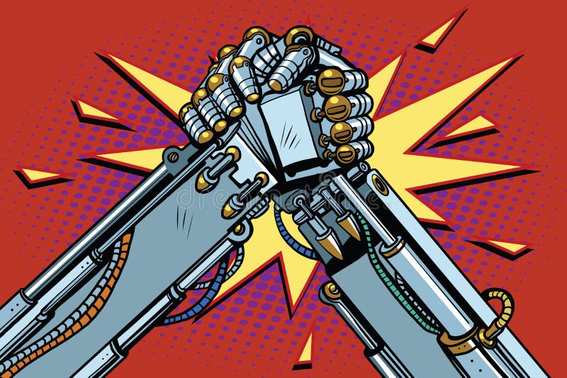 Fighting robots Arm wrestling fight confrontation, pop art retro vector illustration