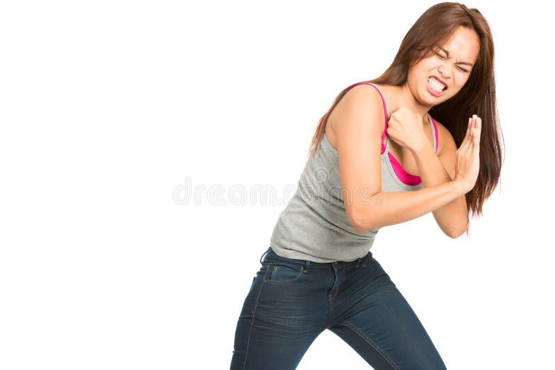 Woman Extended Arms Pushing Against Side Object Stock Image - Image of ...