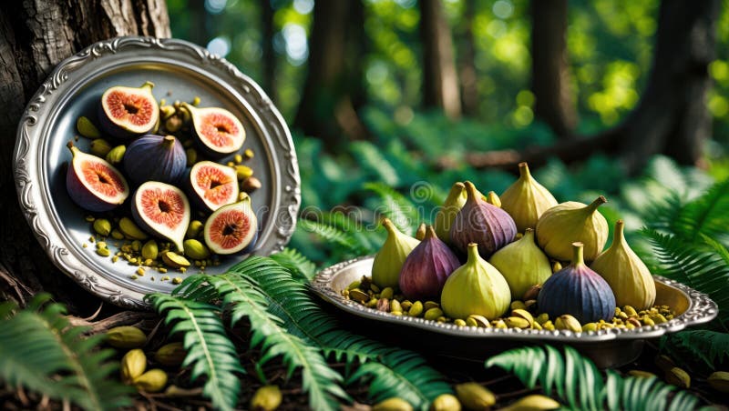 Luscious Figs and Pistachios on Antique Silver Platters in a Forest Setting stock illustration