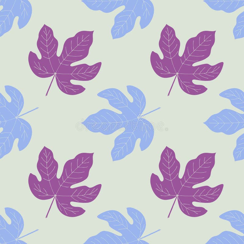 Figs Seamless Pattern with Hand Drawn Leaves, Blue and Purple Colors