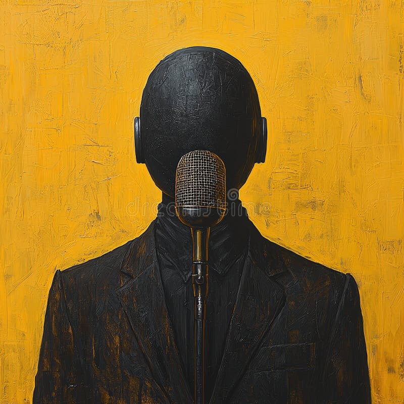Figura abstracta con micrófono y auriculares en el fondo texturizado fotos de archivo
