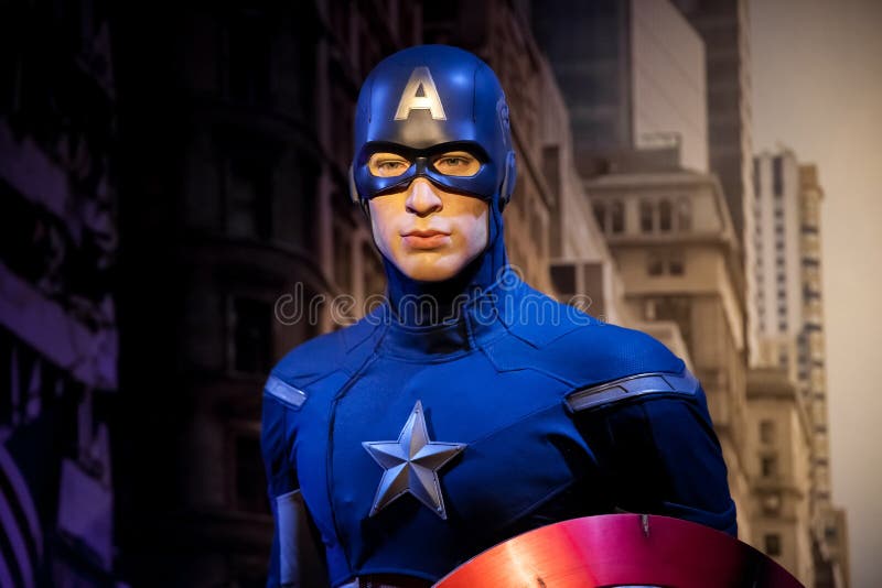 Figura de cera de Chris Evans como o capitão America no museu da senhora Tussauds Wax em Amsterdão, Países Baixos foto de stock royalty free Figura de cera de Chris Evans como o capitão America no museu da senhora Tussauds Wax em Amsterdão, Países Baixos foto de stock royalty free