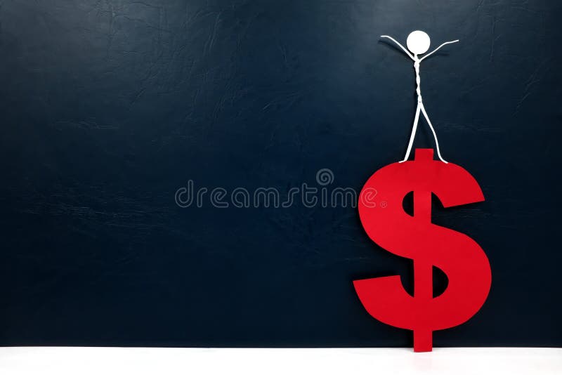 Figura de palito humano em cima de um recorte de um dólar vermelho. conceito de sucesso financeiro.