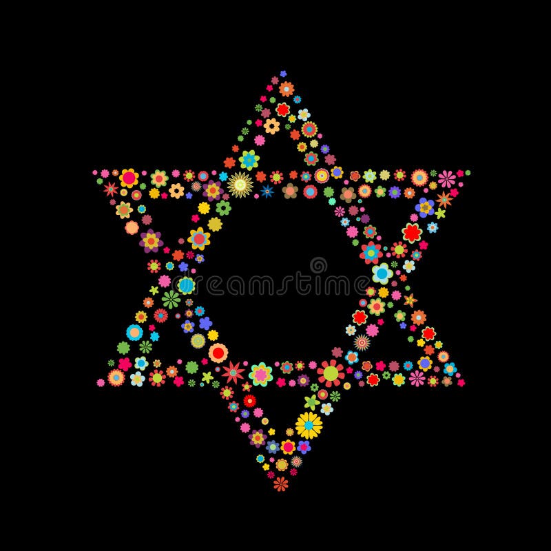 Vector illustration Star of David shape made up a lot of multicolored small flowers on the black background. Vector illustration Star of David shape made up a lot of multicolored small flowers on the black background