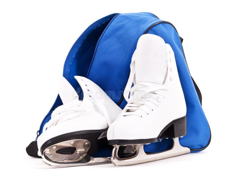 Pair of women figure skates with bag on white background. Pair of women figure skates with bag on white background