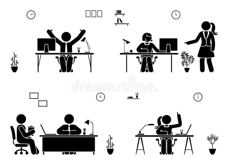Figura pessoa da vara do ícone do vetor do escritório para negócios Homem e mulher que trabalham, resolução, relatando o pictogra ilustração stock Figura pessoa da vara do ícone do vetor do escritório para negócios Homem e mulher que trabalham, resolução, relatando o pictogra ilustração stock