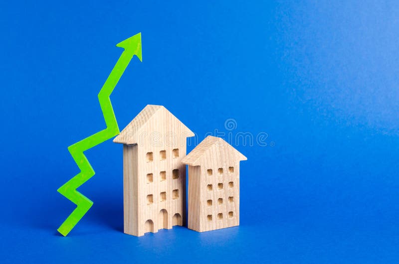 Figures of residential buildings and green arrow up. Increasing cost and liquidity of real estate. Attractive investing. rising prices or renting. growth of supply and demand, high rates of sales. Figures of residential buildings and green arrow up. Increasing cost and liquidity of real estate. Attractive investing. rising prices or renting. growth of supply and demand, high rates of sales