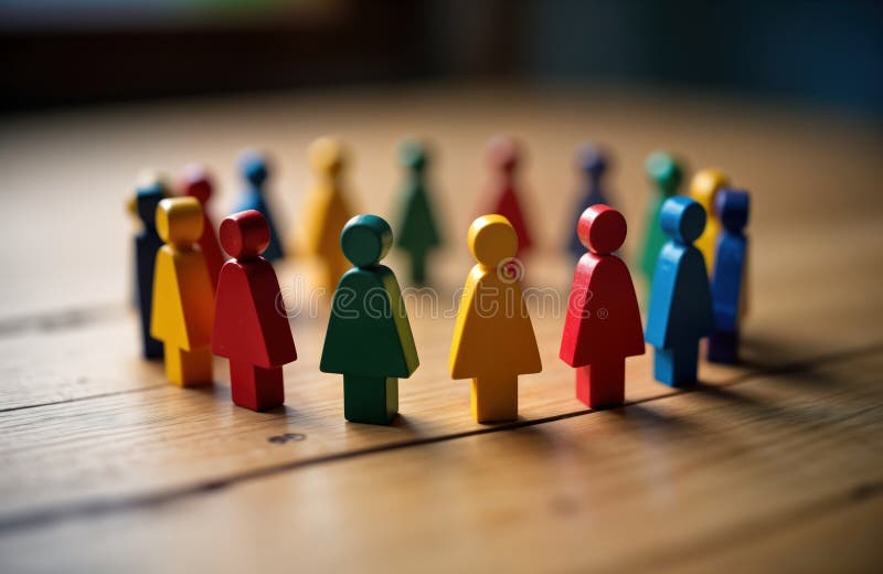 Figure colorate formano cerchio sulla superficie di legno. cifre diverse indicano l'inclusione del lavoro di gruppo. concetto di p illustrazione di stock