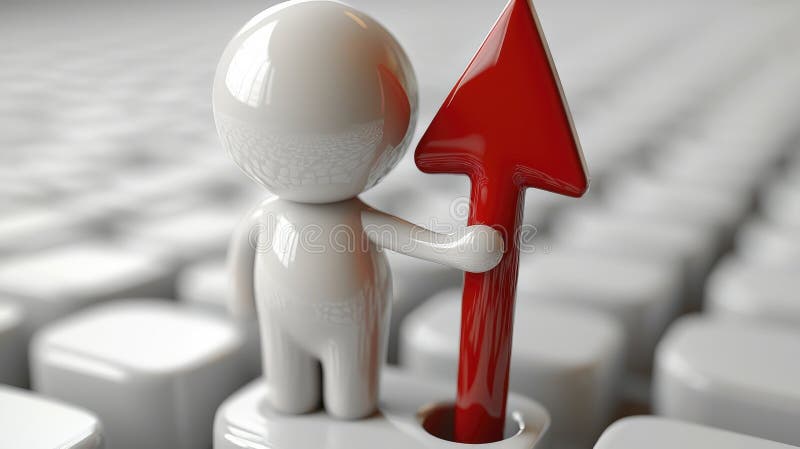 Figure with a red upward arrow on keyboard keys stock illustration