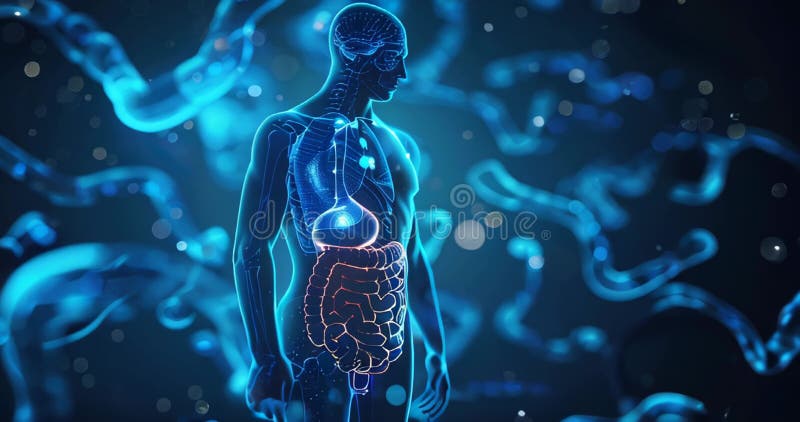 Figure semi-transparente avec un colon clair met en évidence la fusion de l'anatomie digestive avec l'art illustration de vecteur