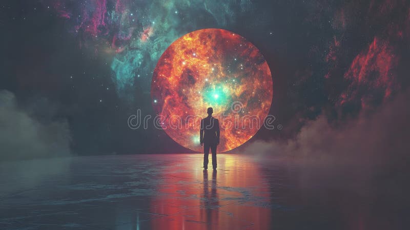 Figure silhouetted against a glowing cosmic gateway in deep space royalty free stock photos