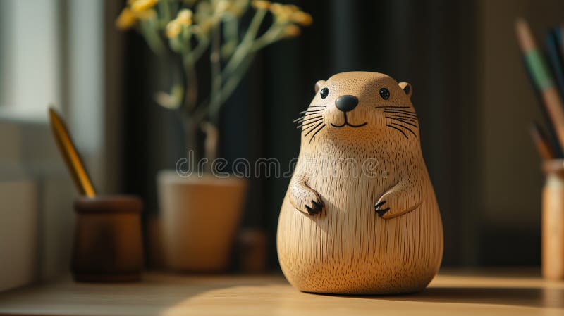 Figuren aus hellem Holz auf dem Schreibtisch mit Topfpflanze in sanftem Tageslicht stockfoto
