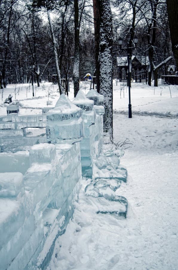 Figures and Buildings Made of Ice in a Park Stock Image Image of