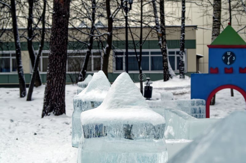 Figures and Buildings Made of Ice in a Park Stock Image Image of