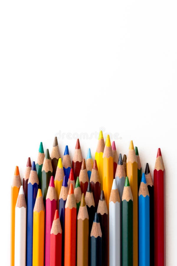 Figures with colored pencils on white background stock image