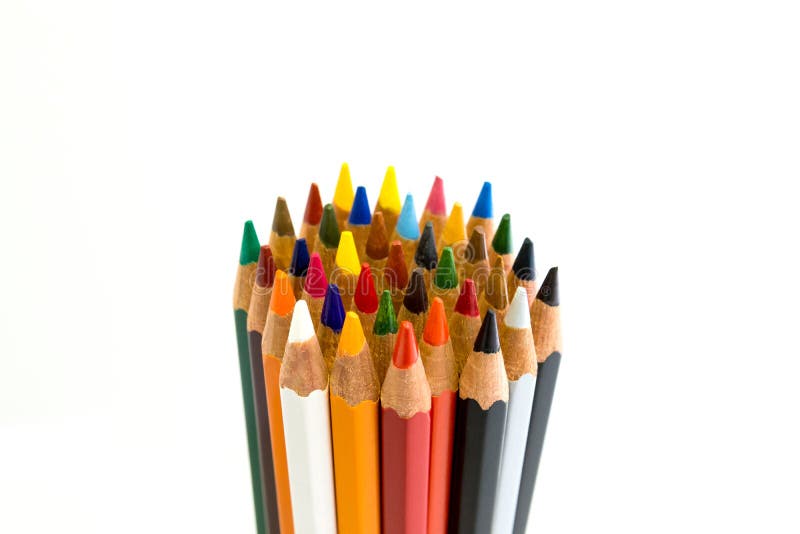 Figures with colored pencils on white background stock photo