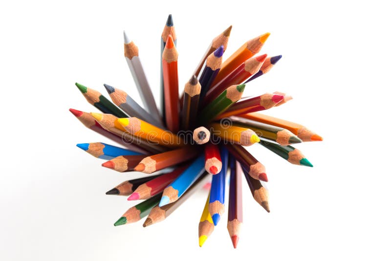 Figures with colored pencils on white background stock image