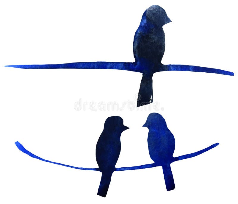Figures des oiseaux bleus sur des fils illustration d'aquarelle pour des copies, affiches, cartes illustration de vecteur Figures des oiseaux bleus sur des fils illustration d'aquarelle pour des copies, affiches, cartes illustration de vecteur