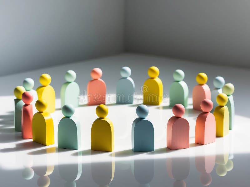 Figurile din lemn colorate în grup, așezate pe suprafața cercului, sunt Unitate și creare de lucrări în echipă. stock image