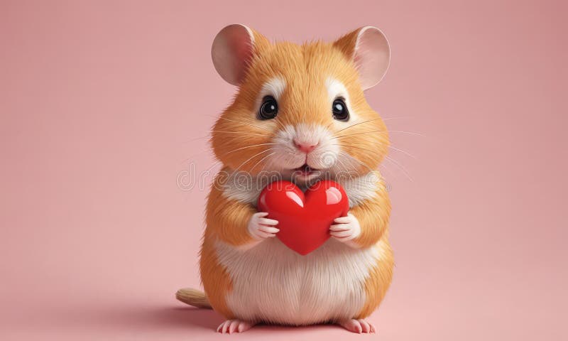 Figurilla de hámster sostiene corazón rojo contra fondo rosado con expresión neutra. stock de ilustración