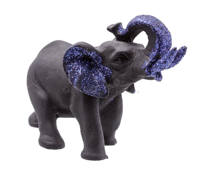 Figurina nera dell'elefante con scintillio blu su bianco immagine stock libera da diritti Figurina nera dell'elefante con scintillio blu su bianco immagine stock libera da diritti