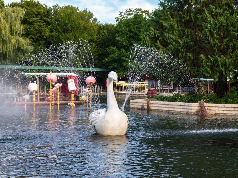 Rust,Germany - September 1,2022: Figurine of swan in Europa-Park,the largest theme park in Germany,and the second most popular theme park in Europe. Rust,Germany - September 1,2022: Figurine of swan in Europa-Park,the largest theme park in Germany,and the second most popular theme park in Europe