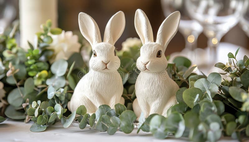 Figurine delicate de iepuraș bej, măsuță rustică, prezența lor, evocând un sentiment de blândețe și liniște de primăvară. stock illustration