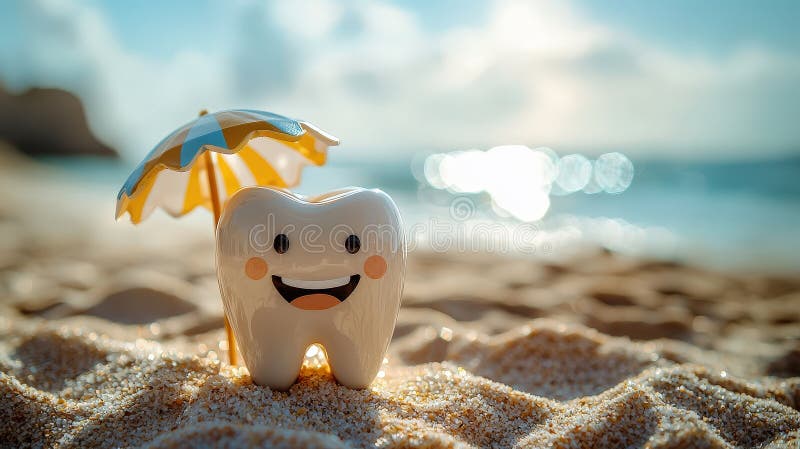 Figurine dentaire avec parapluie souriant sur une plage ensoleillée. Une figurine joyeuse sourit sous un petit parapluie jaune avec une plage lumineuse et l'océan derrière. parfait pour les créations estivales ou dentelées. ai généré.
