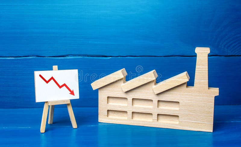 Figurine of industrial factory plant and easel with a red down arrow chart. Decreased production volumes, low income, energy