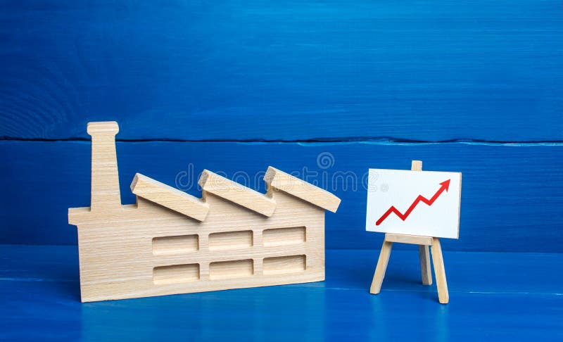 Figurine of industrial factory plant and easel with a red up arrow chart. Increased production volumes, high income, energy